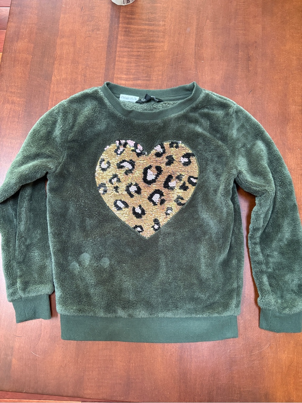 George Olive Green Plush Sweater with Leopard Heart